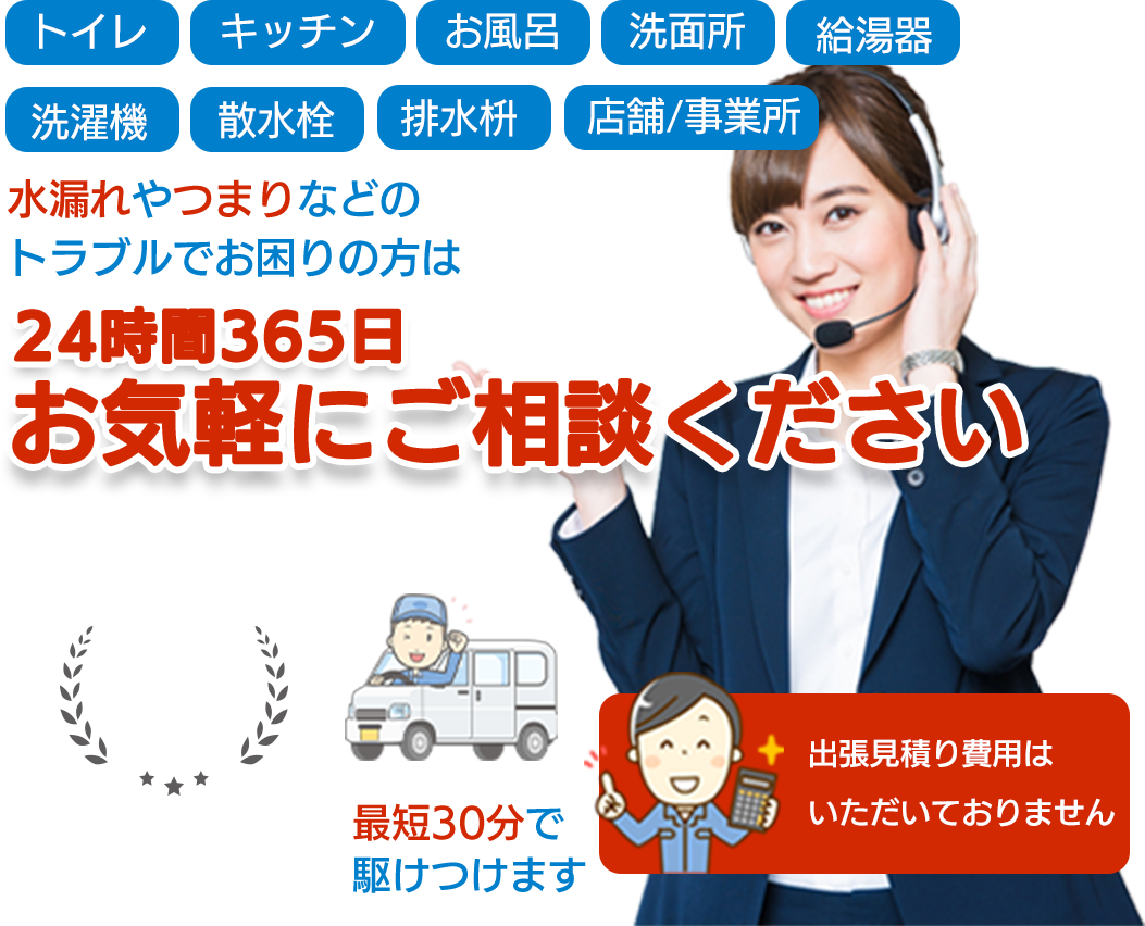 トイレ・キッチン・お風呂・洗面所・給湯器・洗濯機・散水栓・排水枡・排水溝・店舗事務所　水漏れやつまりなどのトラブルでお困りの方は水道修理サポートセンターまで24時間365日お気軽にご相談ください